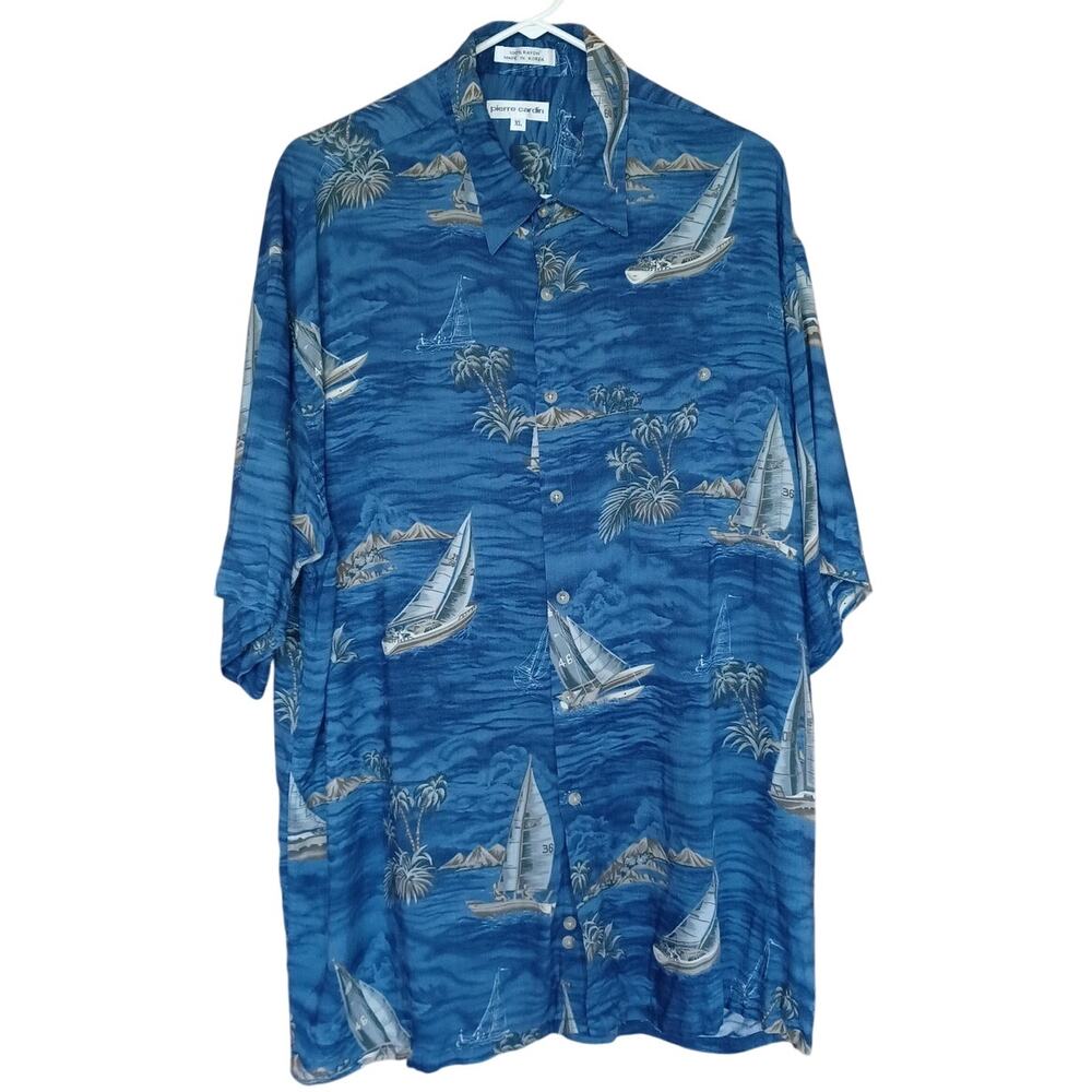 VTG Pierre Cardin Blue Cabana Shirt Mens XL Sailboat Palm Tree Hawaiian Beach